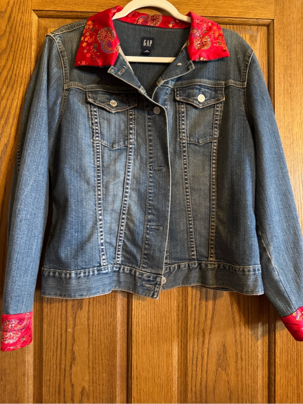 GAP Blue Denim Jacket with Red Patterned Collar & Cuffs
